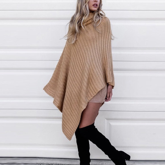 SOLD OUT CLEARANCE Khaki Ribbed Knit Batwing Poncho Sweater - Picture 2 of 2